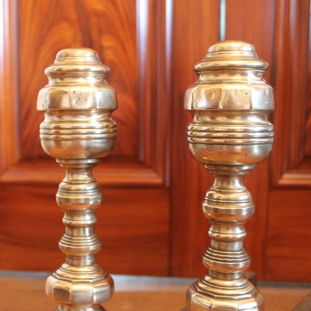 Mid 19th Century Pair of Scroll Footed Antique American Brass Andirons For Sale - Image 5 of 11