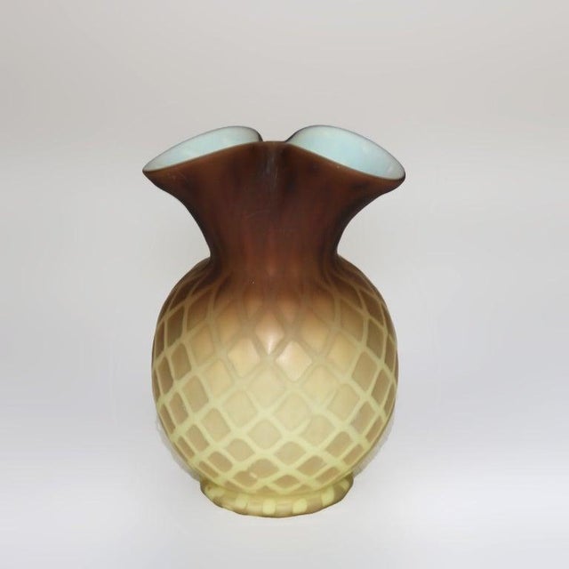 Antique Amber Satin Glass Double Vase with Diamond Quilt Pattern C1890 Measures - 5 1/4" x 3 5/8" x 3 3/8"