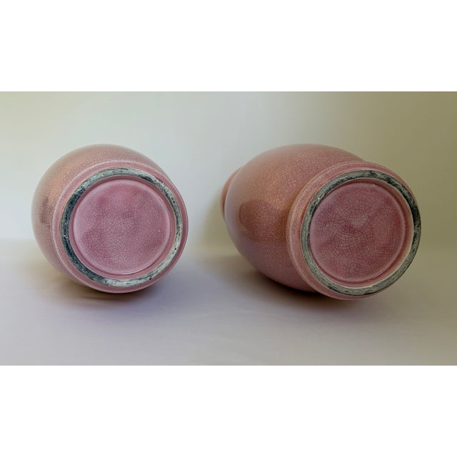 Pink Blush Pink Crackle-Glaze Ceramic Vases - Pair For Sale - Image 8 of 8