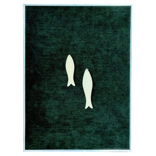 Kinetic Art Framed Bas Relief Carved Sardines Deep Forest Green Chenille Textile For Sale
