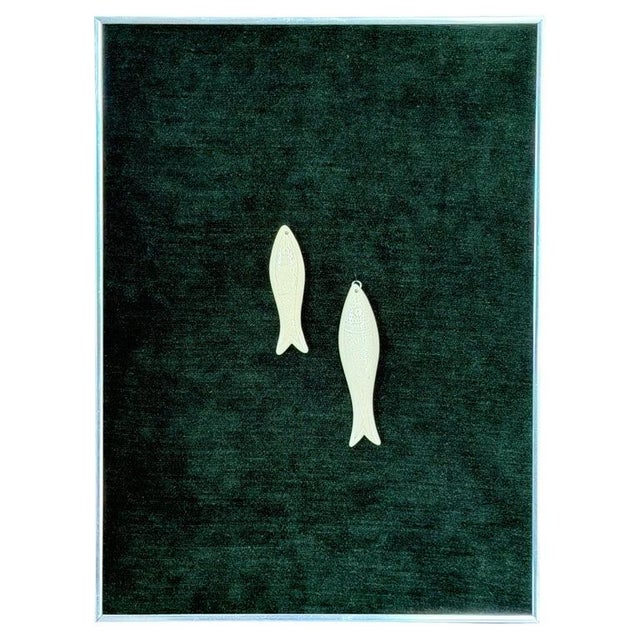 Kinetic Art Framed Bas Relief Carved Sardines Deep Forest Green Chenille Textile For Sale