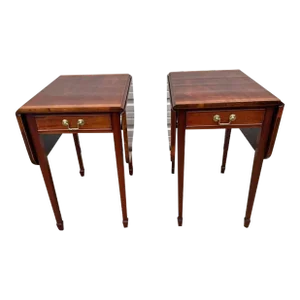 Vintage Pair of Federal Style Banded Mahogany Drop-Leaf Pembroke Side Tables.