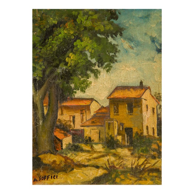 Ardengo Soffici, Italian Landscape, 1940s, Oil on Walnut For Sale