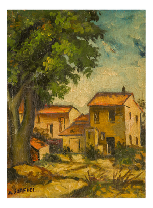 Ardengo Soffici, Italian Landscape, 1940s, Oil on Walnut