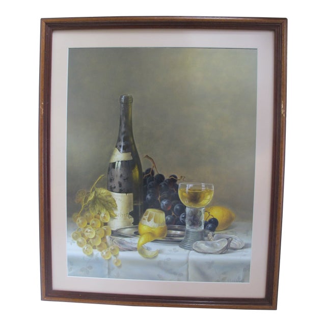 Roy Hodrien Still Life White Wine & Fruit III Mixed Media Framed Art Painting For Sale