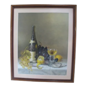 Roy Hodrien Still Life White Wine & Fruit III Mixed Media Framed Art Painting