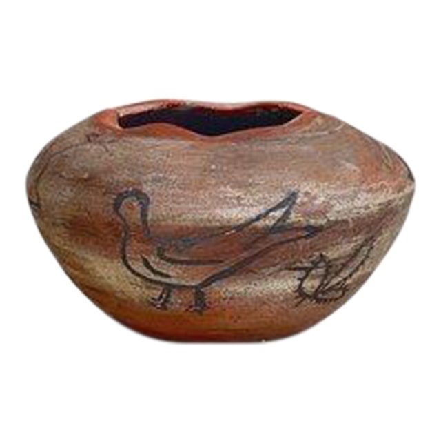 Vintage Clay Vase With Primitive Drawings, Signed For Sale