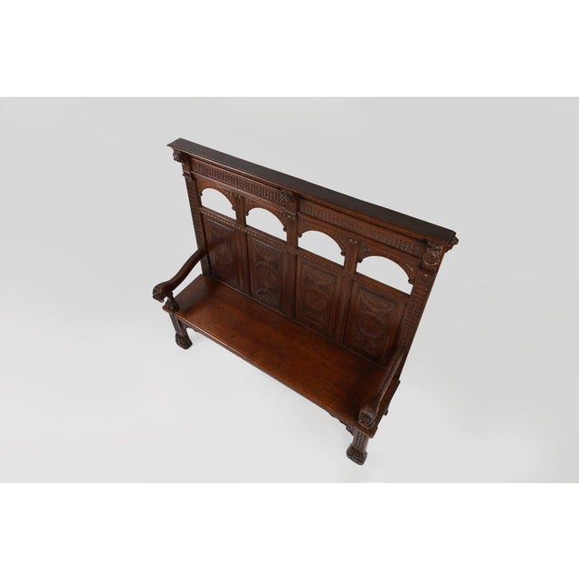 Antique Gothic French Oak Carved High Back Panel Bench, 1700s For Sale - Image 12 of 16