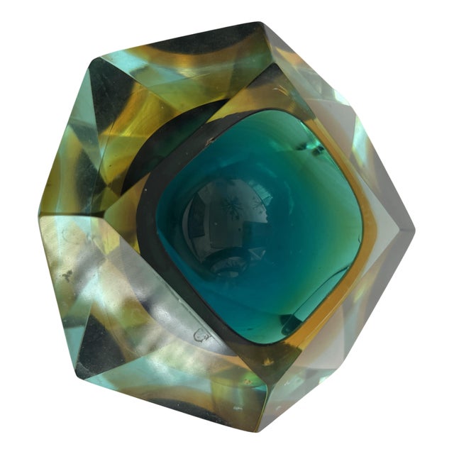 Vintage Faceted Sommerso Murano Glass Block Bowl, 1960s For Sale