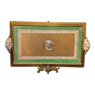 Antique French Sevres-Style La-Mieux Porcelain & Gilt Tray With Romantic Courting Scene, Turquoise & Gold For Sale