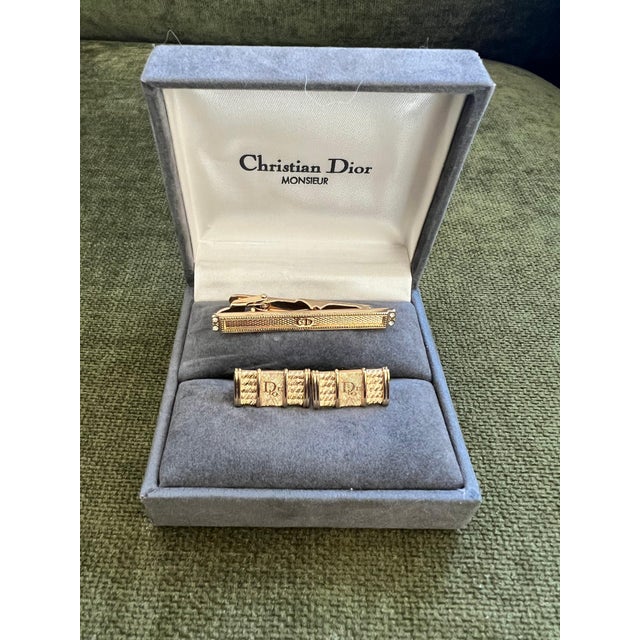 Late 20th Century Rare Monsiuer Vintage Christian Dior Gold Plate Cufflinks & Tie Clip In Original For Sale - Image 5 of 10