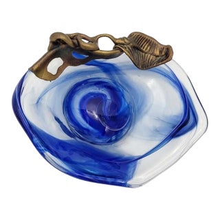1980s Vintage Signed Filip Ravert Romanian Studio Art Glass Bowl With Sculptural Bronze Overlay For Sale