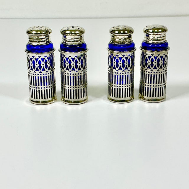 Art Deco 1940s Vintage Art Deco Hollywood Regency Cobalt & Silverplate Salt & Pepper Shakers - Set of 4 For Sale - Image 3 of 14