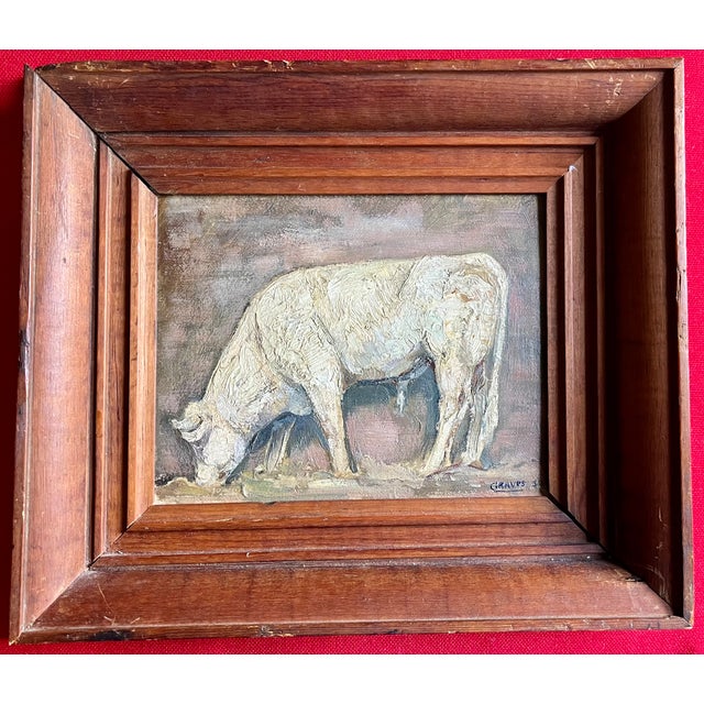 American Folk Art oil painting of a white cow or bull signed Graves and dated 1931 lower right. The significance of a...