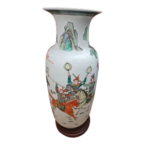 Tall Vintage Chinese Famille Verte Inverted Baluster Porcelain Vase, With Military Figures at War in Rocky Mountainous Landscape, With a Stand