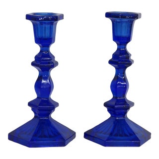 Mid Century Cobalt Blue Glass Tall Hexagonal Candle Stick Holders a Pair For Sale