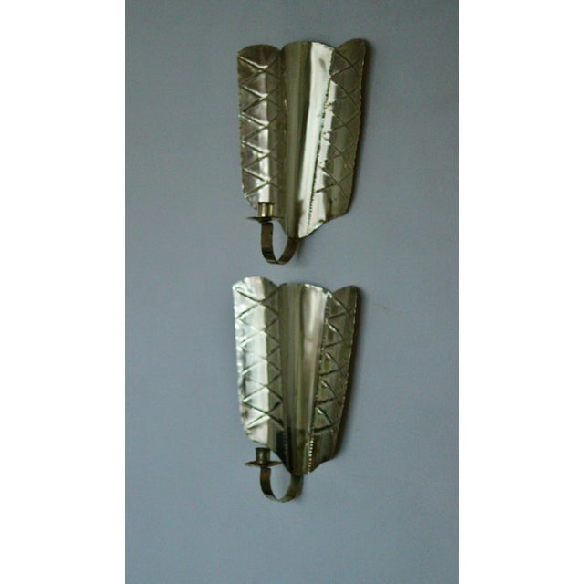 Mid-Century Modern Mid-Century Swedish Brass Shield-Shaped Sconces, Set of 2 For Sale - Image 3 of 18