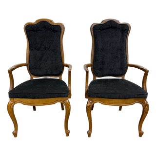 Vintage French Provincial Style Tufted Black Velvet Armchairs - Pair For Sale