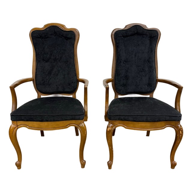 Vintage French Provincial Style Tufted Black Velvet Armchairs - Pair For Sale