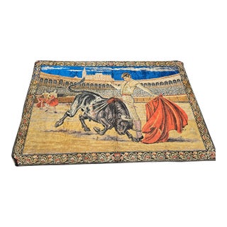 Vintage Spanish Bull Fight W Matador and Bull Velvet Tapestry Made in Italy For Sale