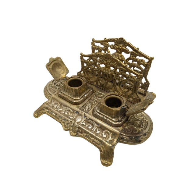 Early 20th Century Antique Brass Double Inkwell Stand and Letter Holder Desk Organizer For Sale - Image 4 of 9
