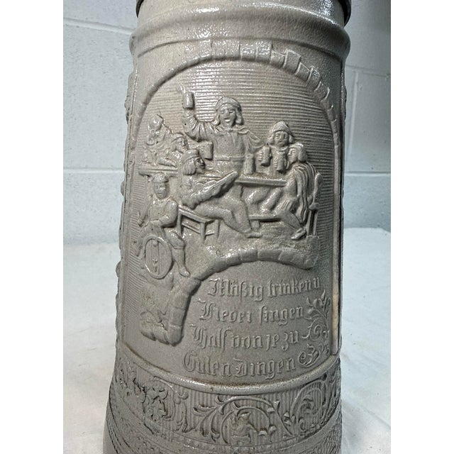 Large Antique 1800's German Pottery Porcelain Pewter Lidded Beer Stein Mug For Sale In New York - Image 6 of 13