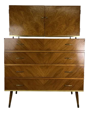 Mid Century Modern Five Drawer Highboy Dresser With Brass Accents and Tall Tapered Legs
