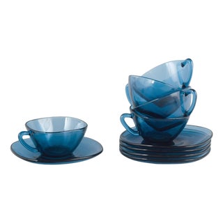Blue Glass Coffee Cups and Saucers from Vereco, 1970-1980s, Set of 10 For Sale