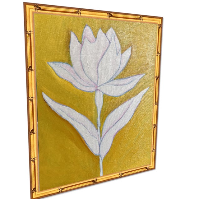Contemporary Original Botanical Diptych — Magnolia & Lotus, Oil on Canvas in Gold Bamboo Frames, 11" X 14" Each, by Tatiana Duperault For Sale - Image 3 of 5
