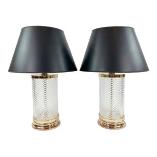 Ethan Allen Etched Chevron Glass and Brass Table Lamps With Black Shades - a Pair For Sale