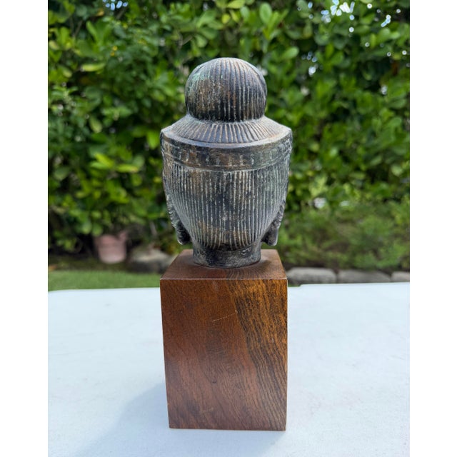 Wood Vintage Asian Bronze Buddha Head on Wood Pedestal For Sale - Image 7 of 12