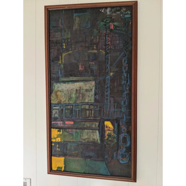 Ink Blue Vintage Modernist Brutalist Construction Scaffolding Architectural Building Oil Painting Framed For Sale - Image 8 of 12