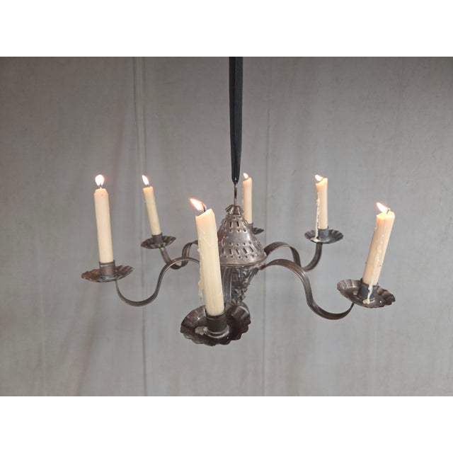 Early 20th Century Antique Punched Tin Six-Arm Candle Chandelier, New Mexico, Spanish Colonial Style For Sale - Image 5 of 16