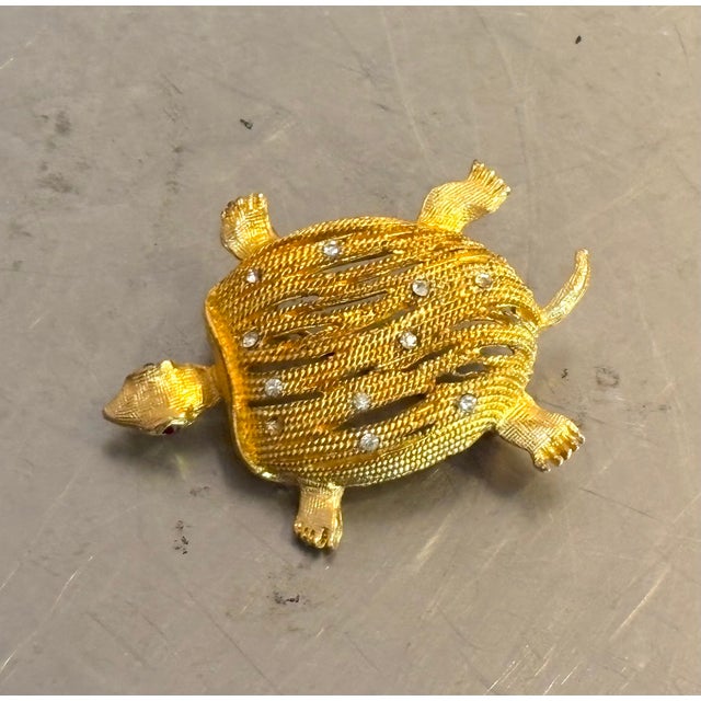 Mid-Century Modern Sea Turtle Gold Tone/Rhinestone Brooch For Sale - Image 3 of 5
