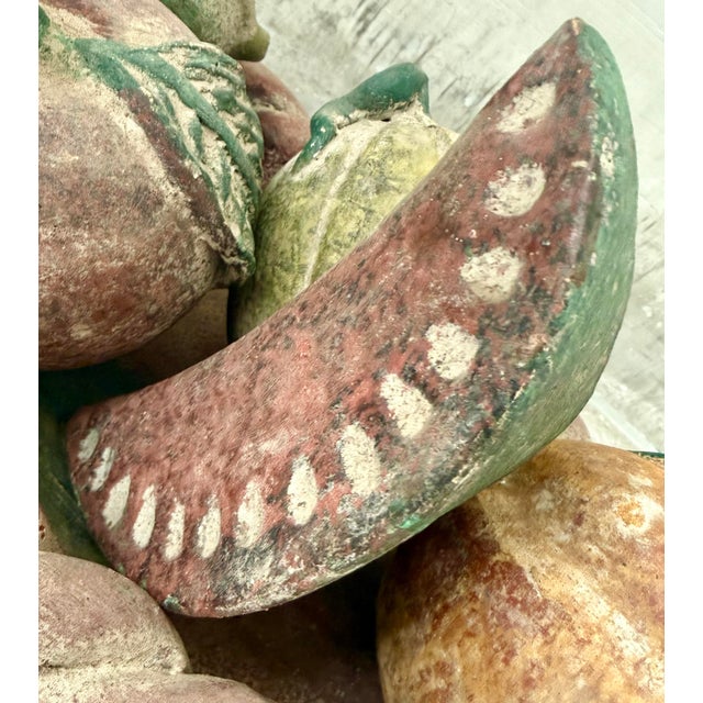 1970’s Vintage Monumental Mexican Folk Art Hand-Painted Terracotta Clay Fruit in Braided Oval Bowl, Centerpiece - Set of 6 For Sale - Image 4 of 12