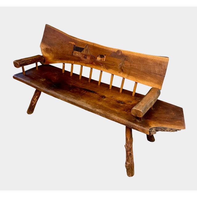 Experience the beauty and craftsmanship of this 1970s Outside Artist Country Solid Slab Bench. Handcrafted and featuring a...