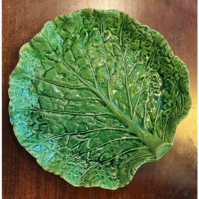 Antique Portuguese Majolica Pottery Green Cabbage or Lettuce Leaf Serving Dish For Sale In New York - Image 6 of 15