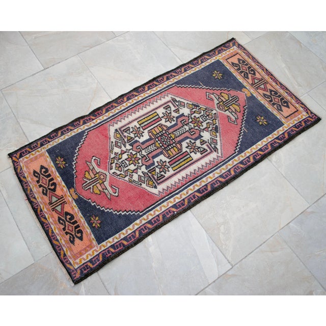 Textile Vintage Turkish Rug 2x4 Pink Navy Hand Knotted Small Area Mat Accent Rug Doormat For Sale - Image 7 of 12