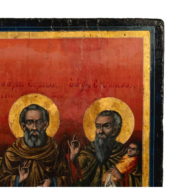 Antique Greek Eastern Orthodox Religious Painted Icon Egg Tempera 3 Saints 1780 For Sale - Image 10 of 15