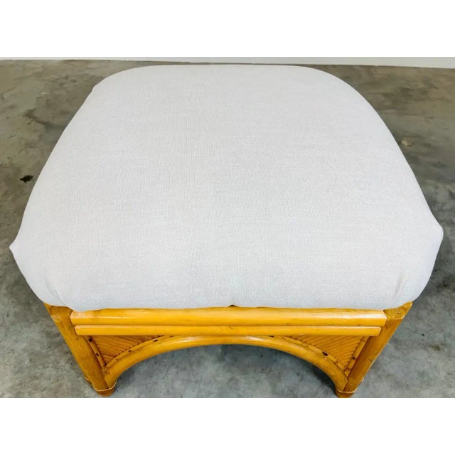 1970s Boho Rattan Bamboo Pouf Ottoman Having Fresh Upholstery and Cushioning For Sale - Image 5 of 7