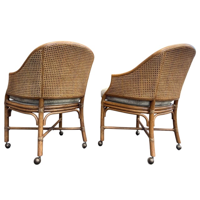 McGuire McGuire San Francisco Rattan & Cane Toboggan Dining Armchairs on Casters - Pair For Sale - Image 4 of 12