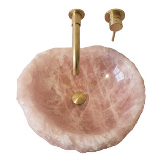 Hand-Carved Rose Quartz Vessel Sink | Luxury Natural Crystal Stone Bathroom Vanity Sink For Sale