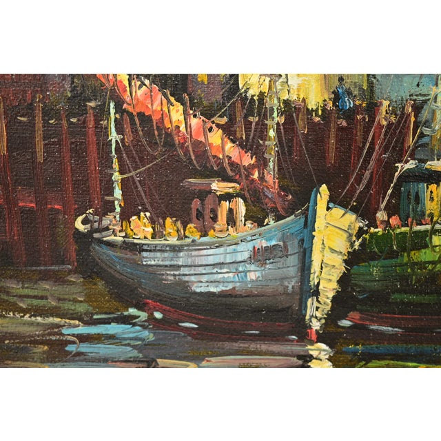 Original Artist Signed Village Harbor Oil on Canvas Painting With Carved Giltwood Frame For Sale - Image 9 of 15