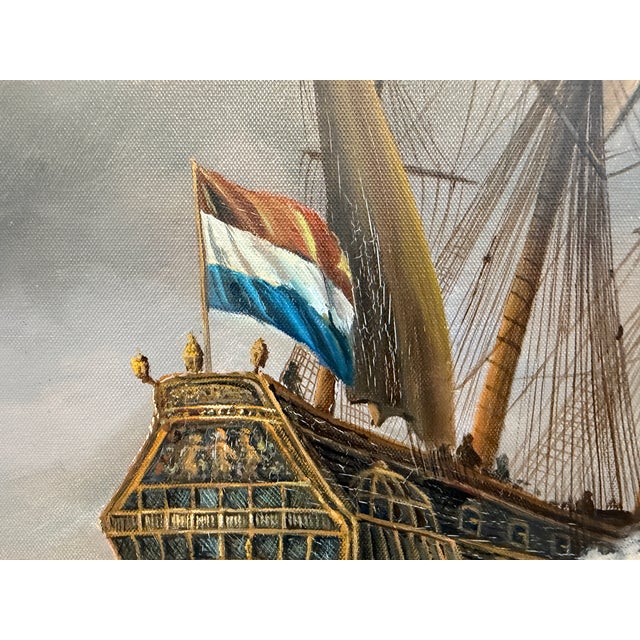Nautical Vintage Maritime Seascape Oil Painting With Dutch Ships Nautical Naval Art For Sale - Image 3 of 9