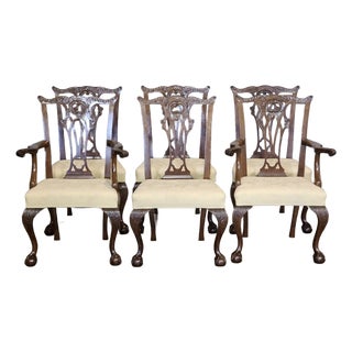 Set of 6 Chippendale Style Solid Mahogany Carved Dining Chairs Claw & Ball Feet For Sale