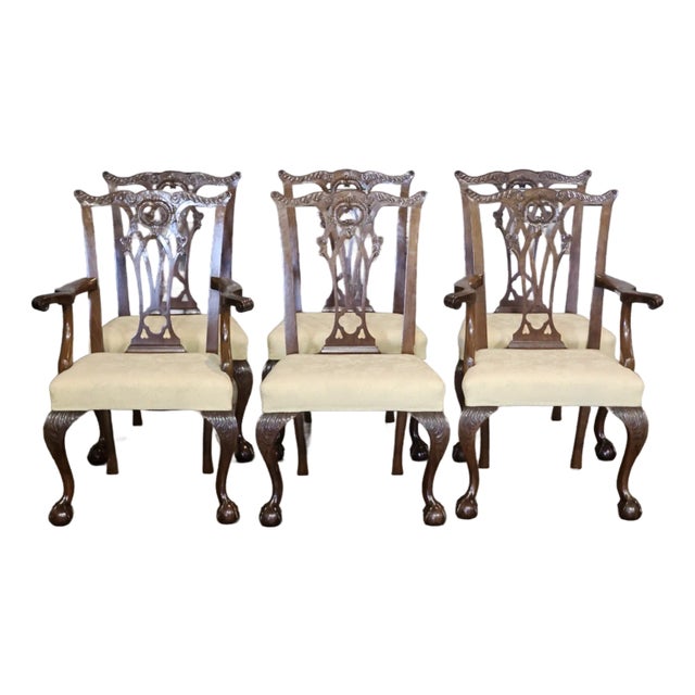 Set of 6 Chippendale Style Solid Mahogany Carved Dining Chairs Claw & Ball Feet For Sale