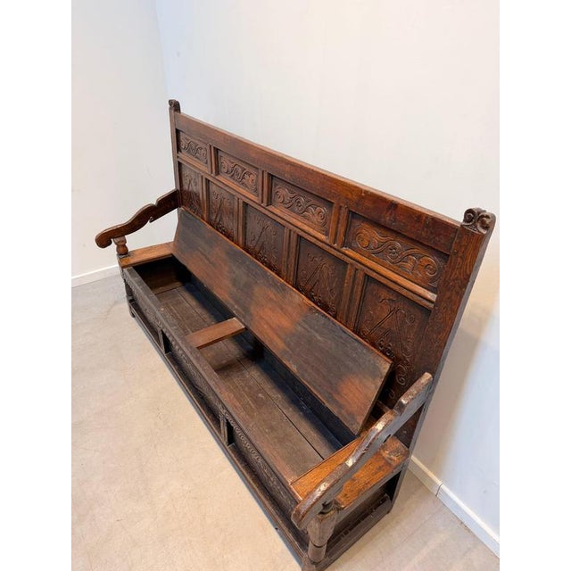 Antique Carved Oak Monks Bench with Storage Chest For Sale - Image 5 of 8