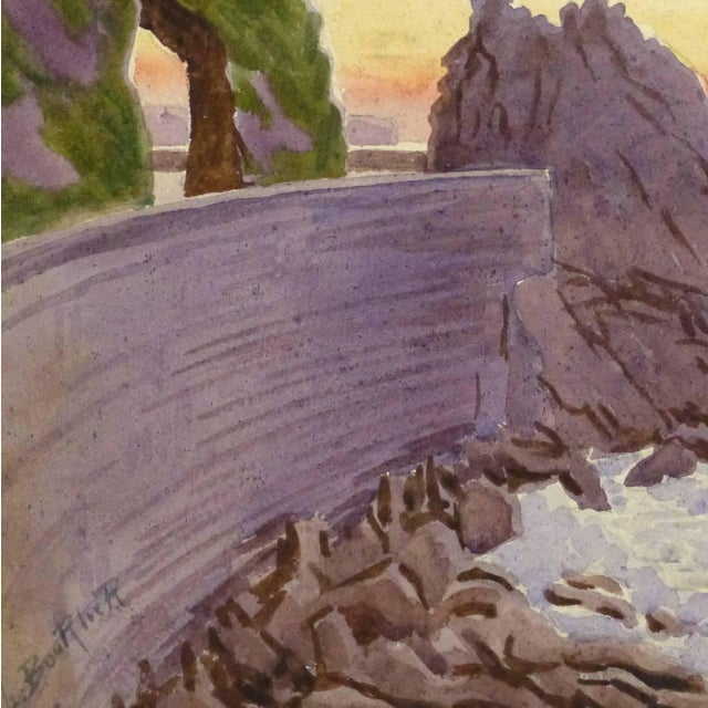 Striking watercolor of a beautiful sunset over a rocky shore along the French Riviera by French artist L. Bourlier, circa...