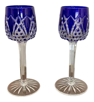 7.5" Tall Cobalt Blue Hand Cut Crystal White Wine Glasses - Set of Two