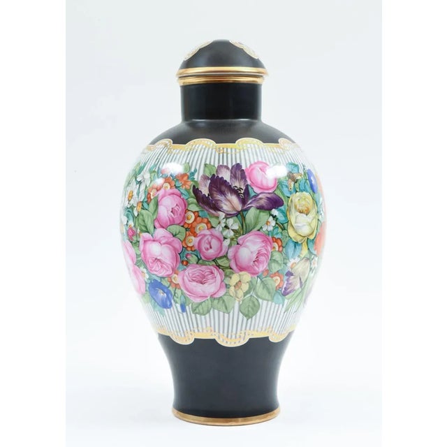 Art Nouveau German porcelain decorative lidded piece / vase or covered urn with black background and flower band design...